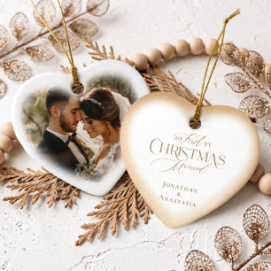 Elegant Script First Christmas Married Heart Photo Ceramic Tree Decoration