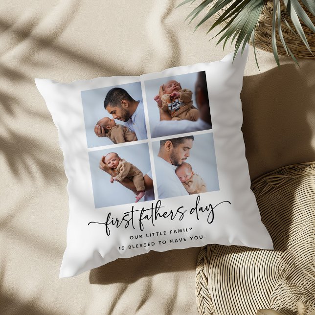Elegant Script First Fathers Day 5 Photo Collage Cushion (Creator Uploaded)