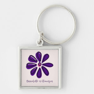 Elegant Script First Name Surname Flower Square Key Ring