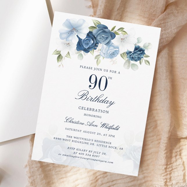 Elegant Script Floral 90th Birthday Invitation (Elegant Script Floral 90th Birthday Invitation)
