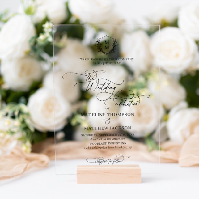 Elegant Script Floral Crest Monogram Wedding Acrylic Invitations (Creator Uploaded)