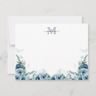 Elegant Script Floral Dusty Blue Monogram Card