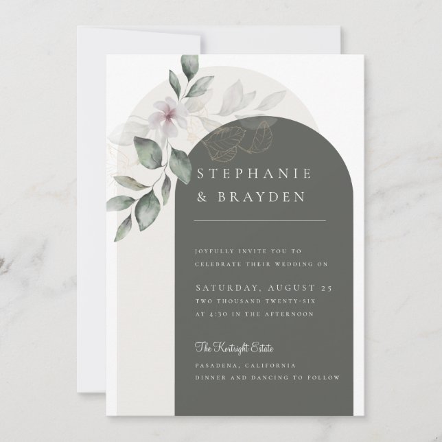Elegant Script Floral Green Arch Wedding Invitation (Front)