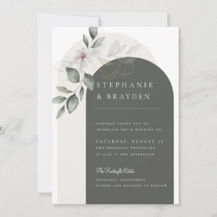 Elegant Script Floral Green Arch Wedding Invitation