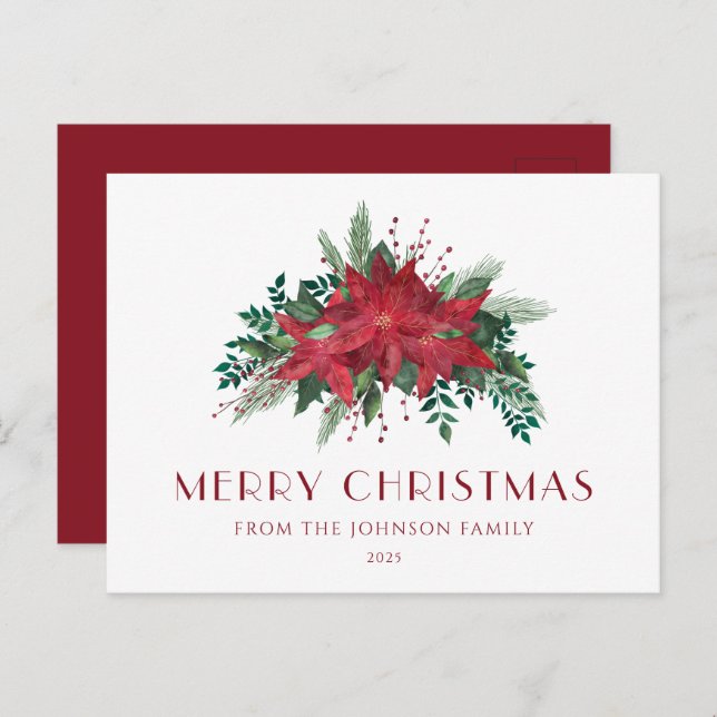 Elegant Script Floral Poinsettia Merry Christmas Postcard (Front/Back)