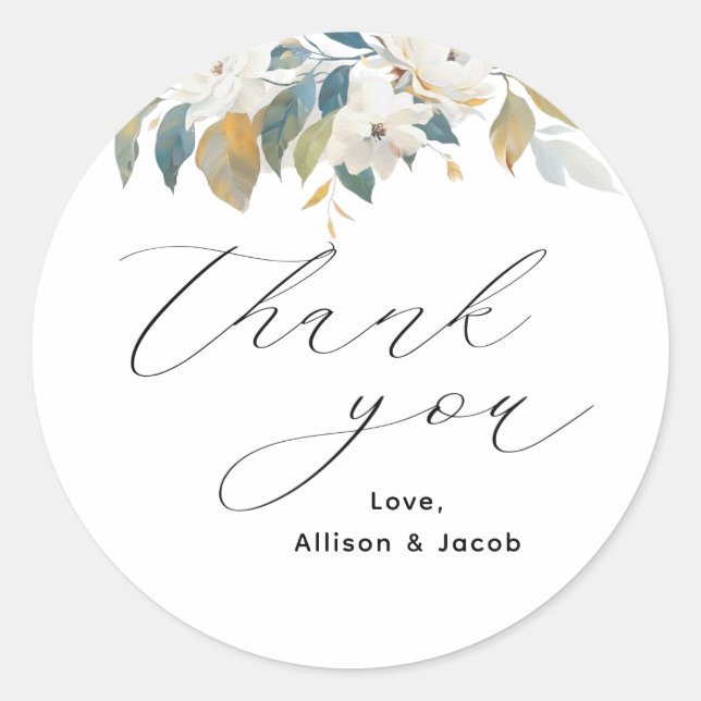 Elegant Script Floral Wedding Thank You Classic Round Sticker (Front)