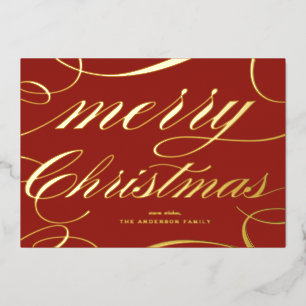 Elegant Script Flourish Red Merry Christmas Foil Holiday Card