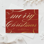 Elegant Script Flourish Red Merry Christmas Foil Holiday Card<br><div class="desc">Merry Christmas! Send your holiday greetings to family and friends with this customisable Christmas card. It features an elegant script with flourish accents on a red background. Personalise by adding your details. This gold foil Christmas card is available in other colours and cardstock, perfect as a business and personal Christmas...</div>