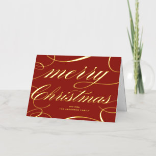 Elegant Script Flourish Red Merry Christmas Foil Holiday Card