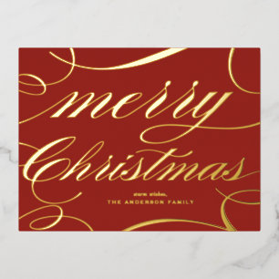Elegant Script Flourish Red Merry Christmas Foil Holiday Postcard