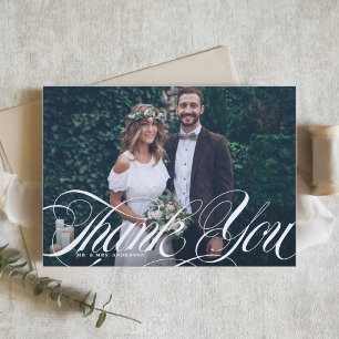 Elegant Script Flourish White Photo Wedding Thank You Card