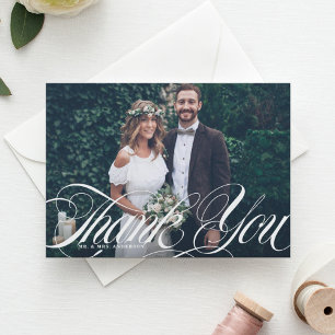 Elegant Script Flourish White Photo Wedding Thank You Card