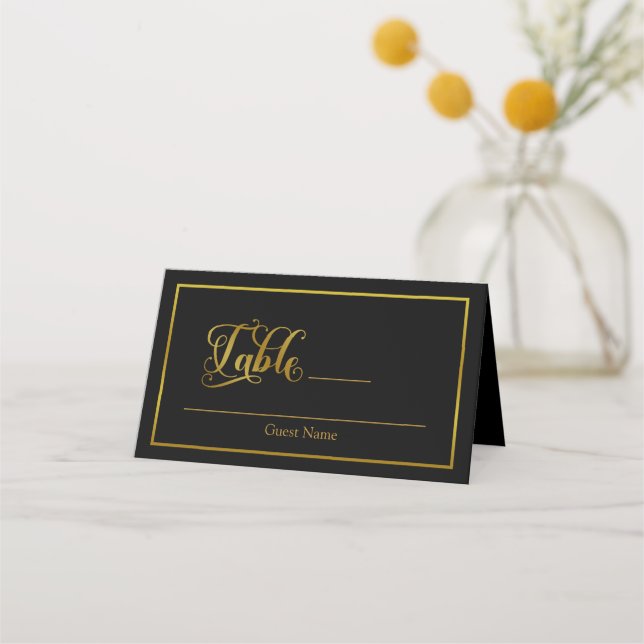 Elegant Script Flourishes Black & Gold Wedding Place Card (Front)