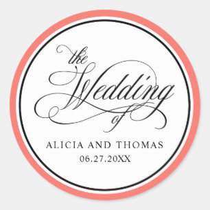 Elegant Script Flourishes Coral Wedding Favours Classic Round Sticker
