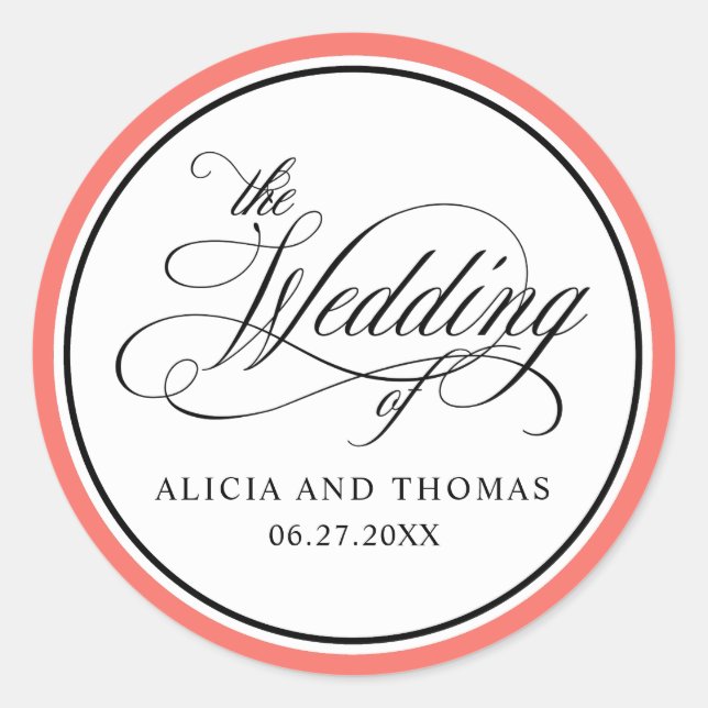 Elegant Script Flourishes Coral Wedding Favours Classic Round Sticker (Front)