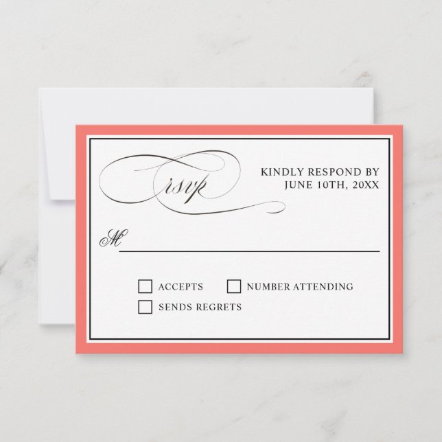 Elegant Script Flourishes RSVP Coral Border (Front)