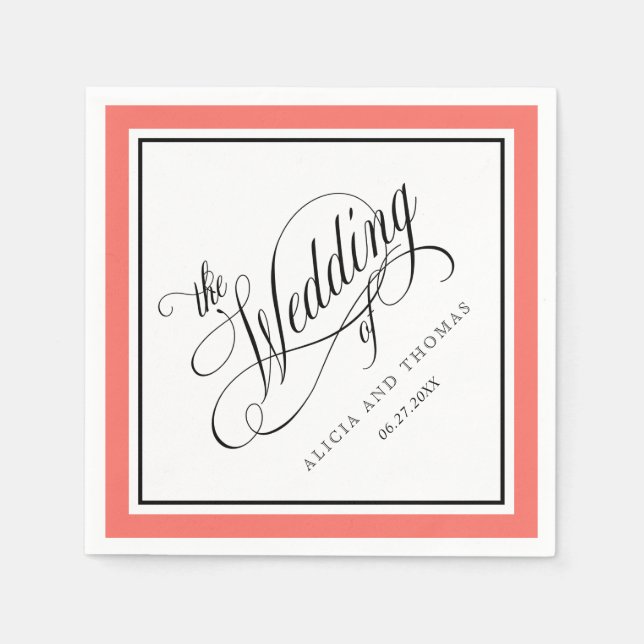 Elegant Script Flourishes Wedding Coral Border Napkin (Front)