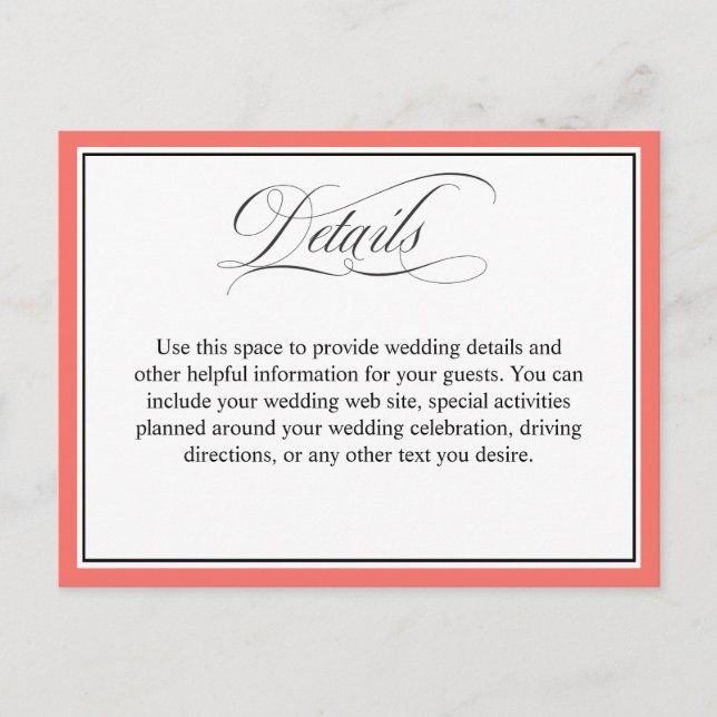 Elegant Script Flourishes Wedding Details Coral Postcard (Front)