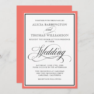Elegant Script Flourishes with Coral Border Invitation
