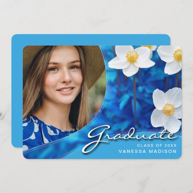 Elegant Script Flowers Blue | Modern Photo Grad Announcement (Front/Back)