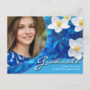 Elegant Script Flowers Blue Modern Photo Grad Postcard