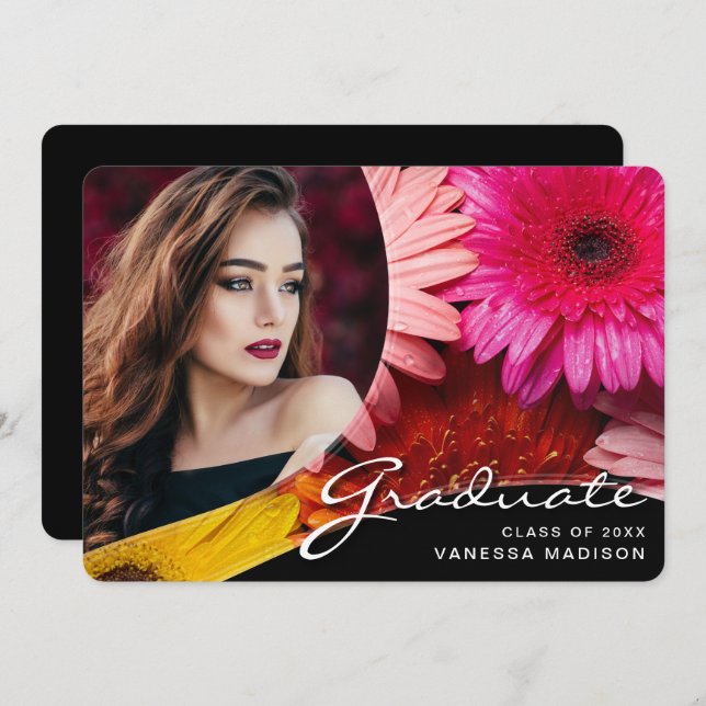 Elegant Script Flowers | Modern Photo Grad Announcement (Front/Back)