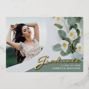 Elegant Script Flowers   Modern Photo Grad Card