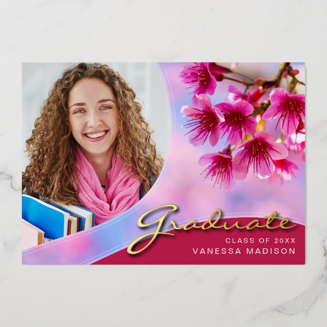 Elegant Script Flowers | Modern Photo Grad Card (Front)