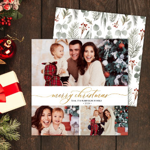 Elegant Script Foliage 3 Multi Photo Christmas Holiday Card