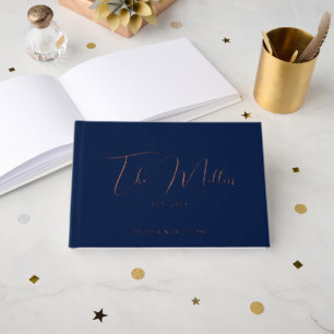 Elegant Script Font Navy & Rose Gold Wedding Foil Guest Book