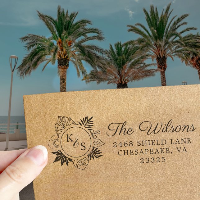 Elegant Script Font Tropical Wreath Monogram Self-inking Stamp (Creator Uploaded)