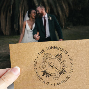 Elegant Script Font Tropical Wreath Monogram Self-inking Stamp