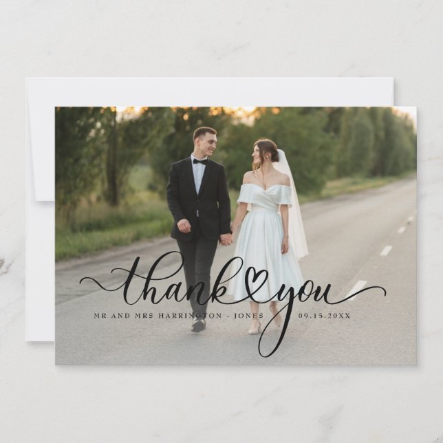 Elegant Script Font Wedding Photo Thank You Card (Front)
