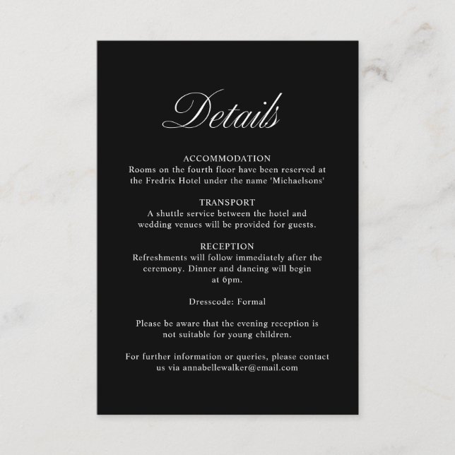 Elegant Script Formal Black Wedding Details Enclosure Card (Front)