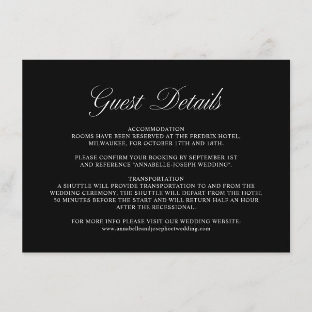 Elegant Script Formal Black Wedding Guest Details Enclosure Card (Front)