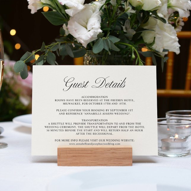Elegant Script Formal White Wedding Guest Details Enclosure Card (Creator Uploaded)