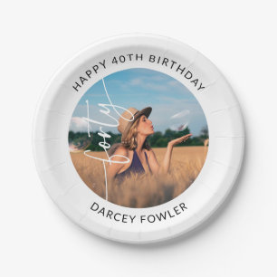 Elegant Script Forty Photo 40th Birthday Paper Plate