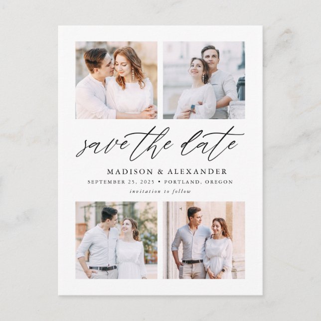 Elegant Script Four Photo Collage Save The Date Announcement Postcard (Front)