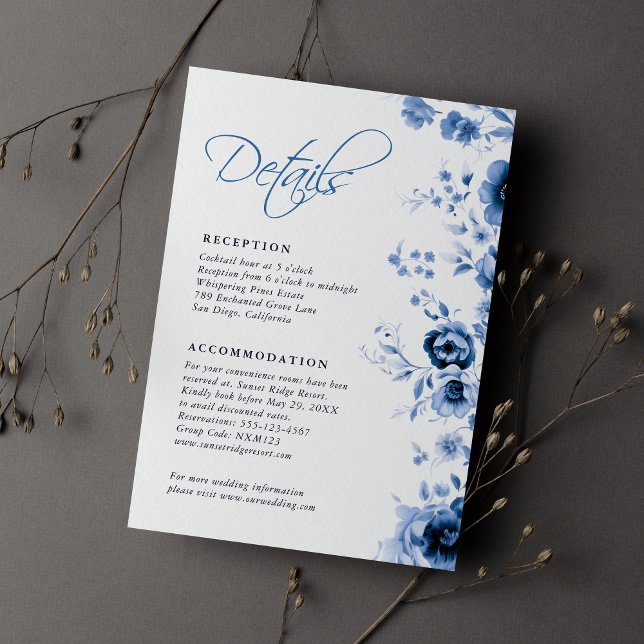 Elegant Script French Blue Floral Toile Wedding  Enclosure Card (Creator Uploaded)