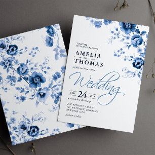 Elegant Script French Blue Floral Toile Wedding Invitation