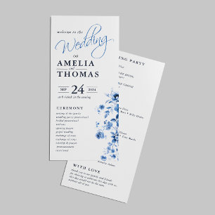 Elegant Script French Blue Floral Toile Wedding Programme