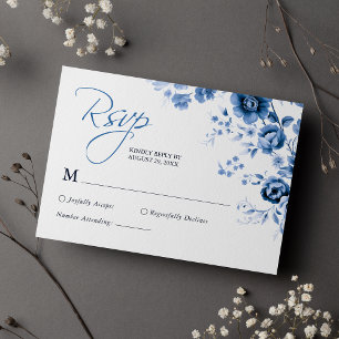 Elegant Script French Blue Floral Toile Wedding RSVP Card