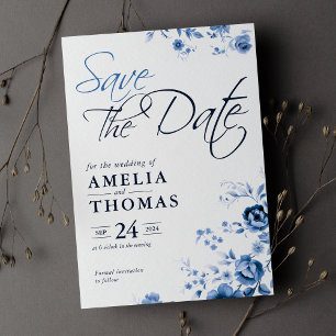 Elegant Script French Blue Floral Toile Wedding  Save The Date