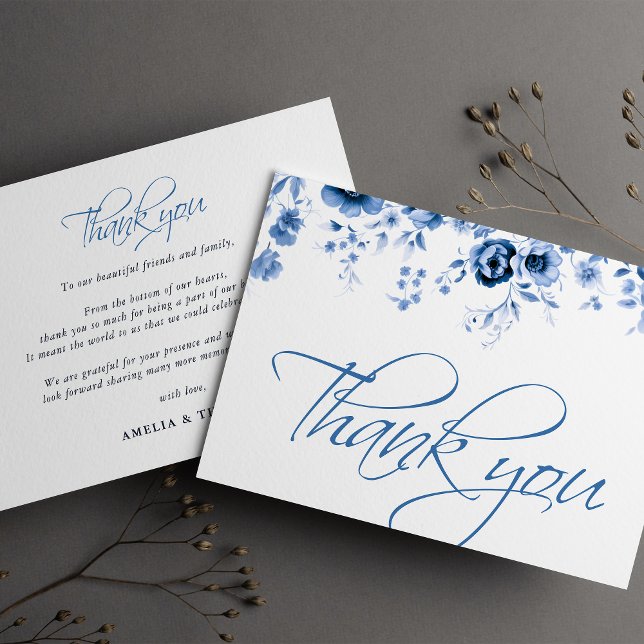 Elegant Script French Blue Floral Toile Wedding  Thank You Card (Creator Uploaded)