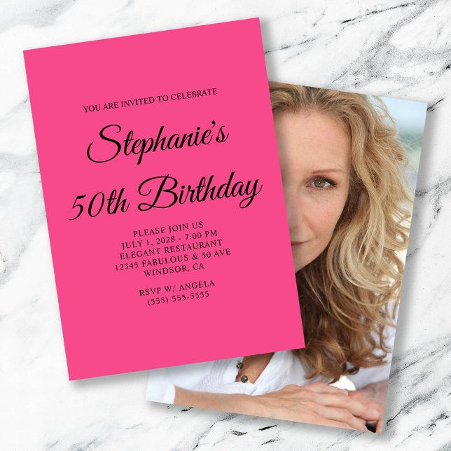 Elegant Script French Rose Photo 50th Birthday Invitation (Elegant Script French Pink Rose Photo 50th Birthday Invitation)