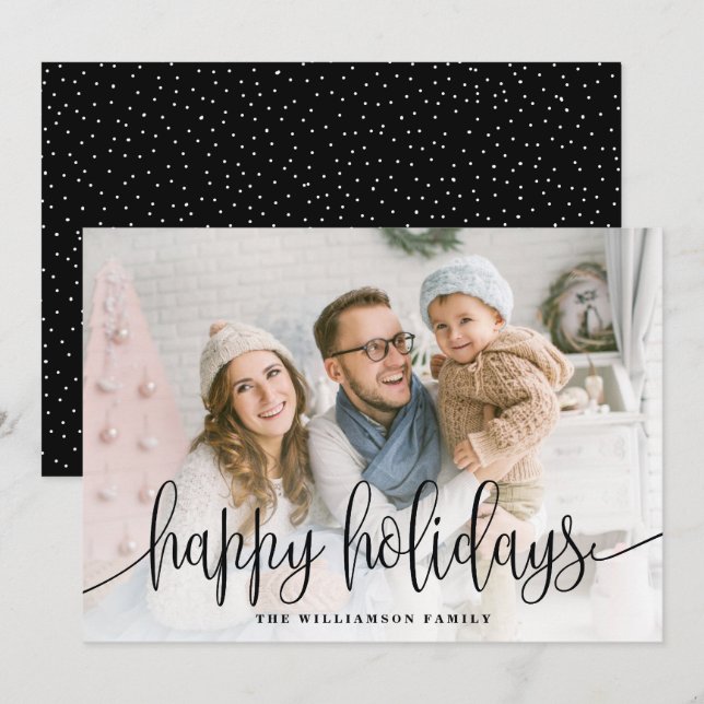Elegant Script Full Photo Happy Holidays Black Holiday Card (Front/Back)