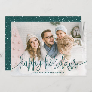 Elegant Script Full Photo Happy Holidays Green Holiday Card