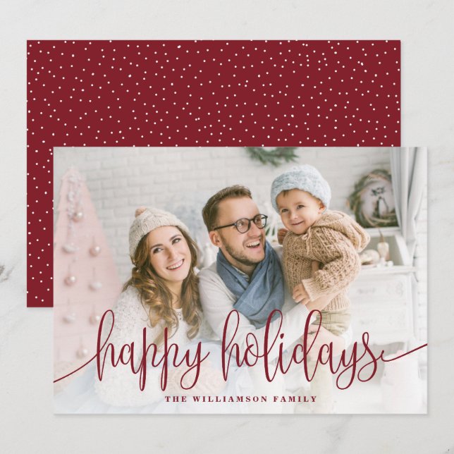Elegant Script Full Photo Happy Holidays Red Holiday Card (Front/Back)