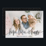 Elegant Script Full Photo Hope Love Hugs Black Holiday Card<br><div class="desc">Send love this season to your family and friends with these modern styled cards by Orabella Prints. Elegant text overlay reads, "hope, love, & hugs" in black over a white gradient overlay on the bottom of the card. The back features tiny white snow dots over a black background, which can...</div>