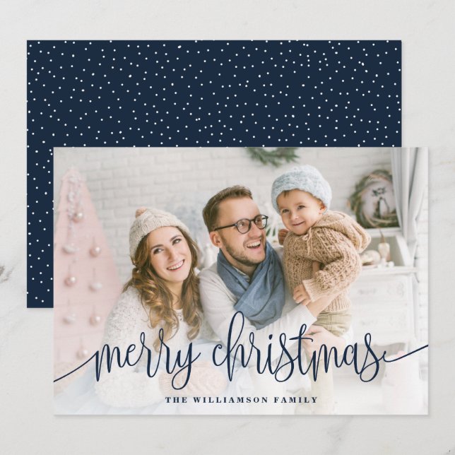 Elegant Script Full Photo Merry Christmas Navy Holiday Card (Front/Back)